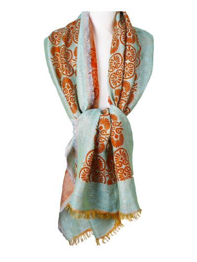 Mintgroene geweven sjaal met ornament print in oranje