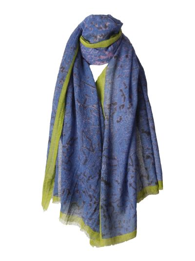 Wollen mousseline sjaal in blauw en limegroen
