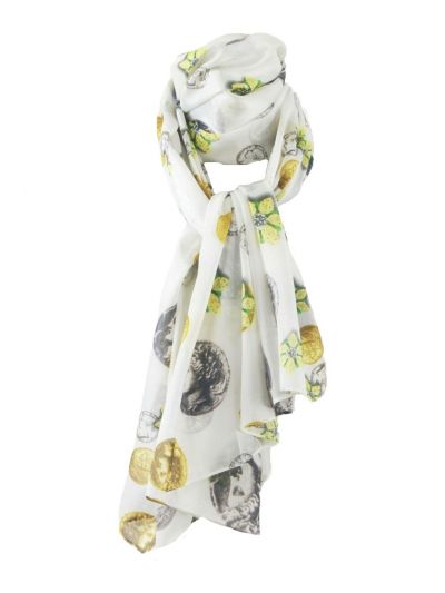 Witte zijdeblend sjaal met print van munten en bloemen