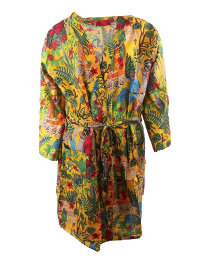 Okergele katoenen kimono met Frida Kahlo print