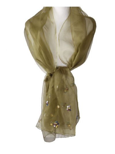 Olijfgroene zijden organza stola met pailletten