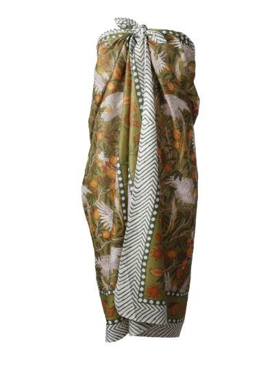 Katoenen sarong met vogel print in olijfgroen