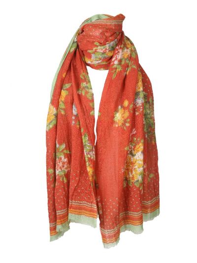 Oranje wollen sjaal met bloemenprint