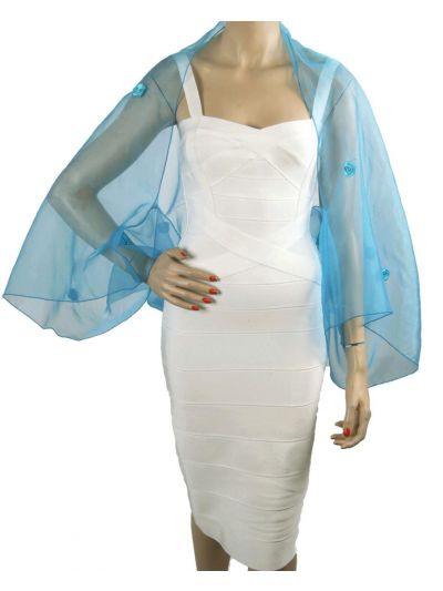 Turquoise organza bolero stola met satijnen roosjes