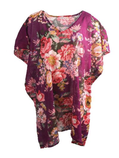 Paarse katoenen kaftan met bloemenprint 
