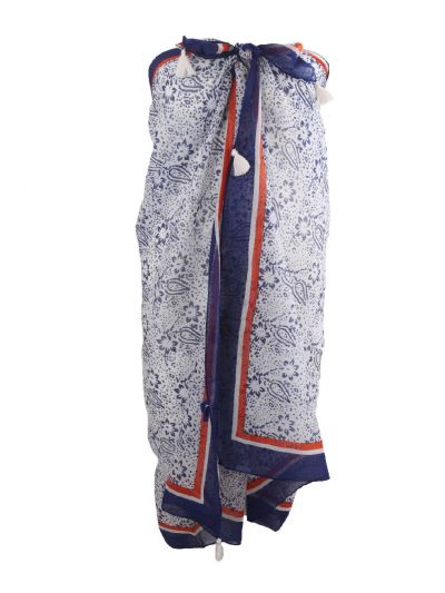Donkerblauwe pareo met bloemenprint en kwasten franjes