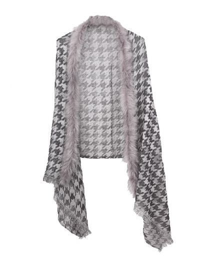 Pied-de-poule omslagdoek met kunstbont kraag