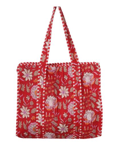 Gewatteerde schoudertas/shopper in rood met bloemenprint 