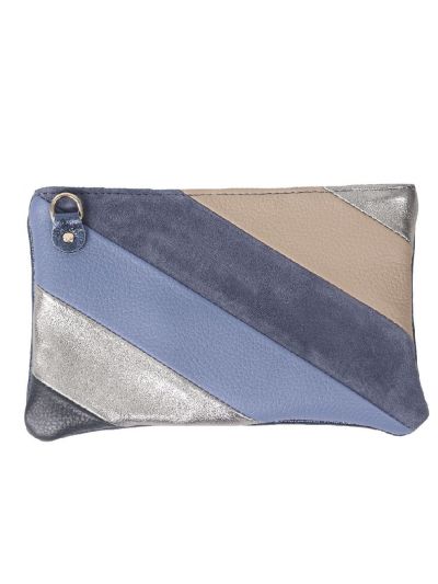 Leren regenboog clutch in blauw en beige