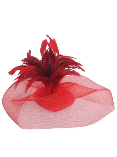 Rode tule fascinator met verentoef
