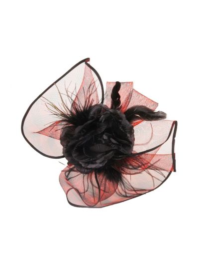 Rood-zwarte haaraccessoire met bloem, veren en gaas