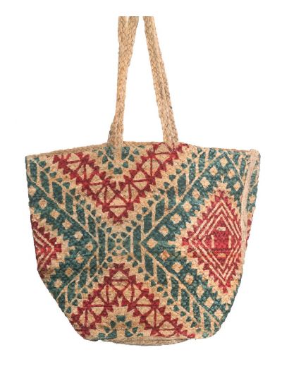 Strooien strandtas met Azteken print in groen en rood