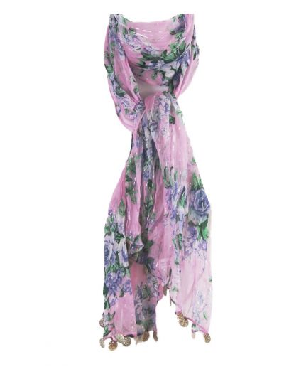 Roze/groene crêpe viscose sjaal met muntjes