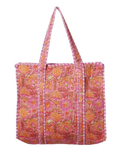 Gewatteerde shopper/schoudertas in roze met bloemenprint in oranje