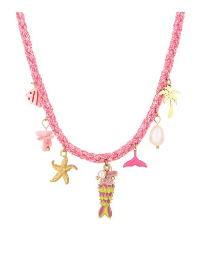 Roze touwketting met tropische bedels