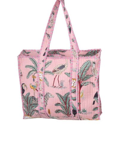 Gewatteerde schoudertas/shopper in lichtroze met dierenprint