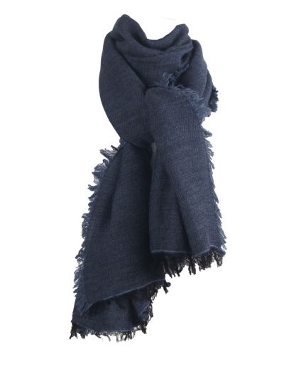 Alpaca-blend sjaal met franjes rondom in jeansblauw