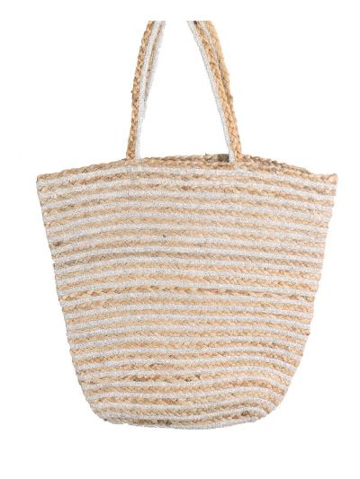 Strooien strandtas met zilverkleurige strepen