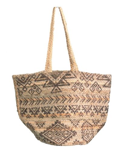 Strooien strandtas met Azteken print in bruin