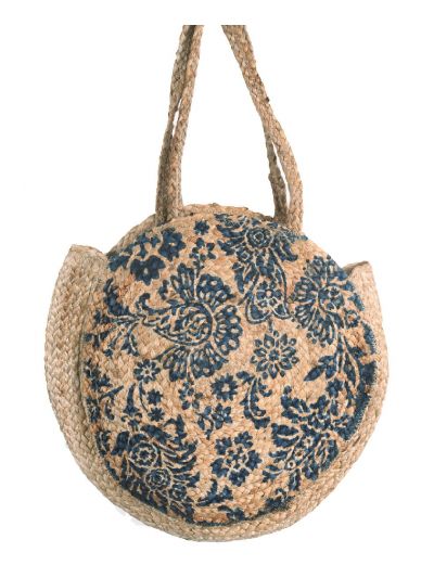 Strooien ronde strandtas met bloemenprint