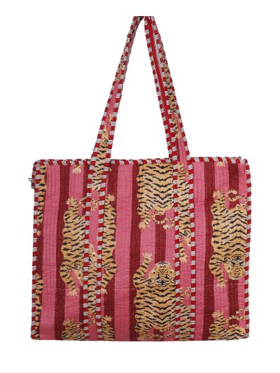 Gewatteerde shopper met tijgerprint in donkerrood en roze