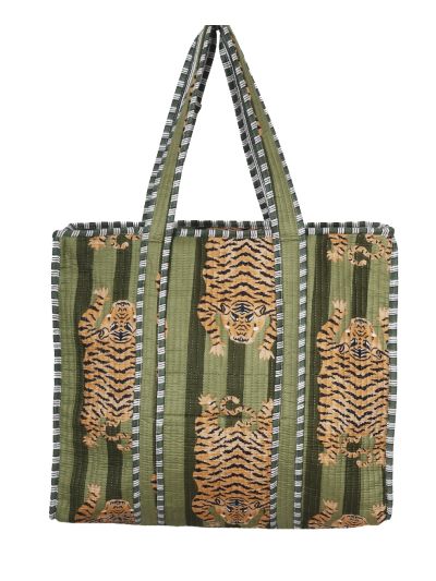 Gewatteerde schoudertas/shopper in groen met tijgerprint