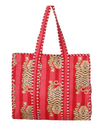 Gewatteerde schoudertas/shopper in roze-rood met tijgerprint