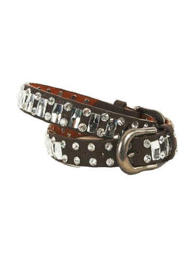 trendy set donkerbruine lederen laars riempjes met kristallen strass