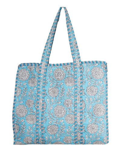 Gewatteerde schoudertas/shopper in turquoise met bloemenprint