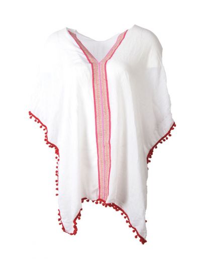 Korte kaftan in wit met bies en rode pompoentjes 