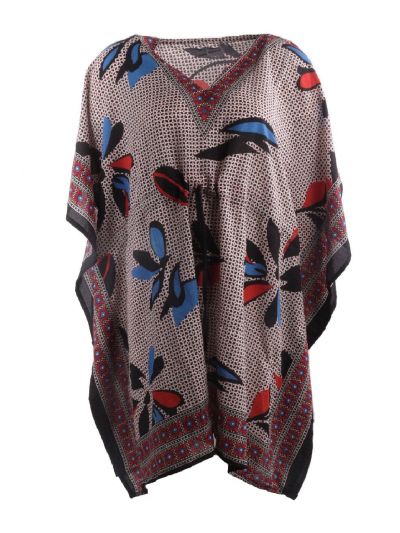 Korte kaftan met bloemenprint in blauw en donkerrood