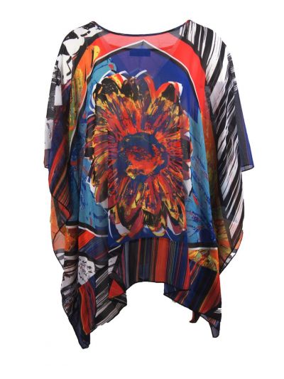Rood-kobaltblauwe crêpe voile tuniek met grote bloem