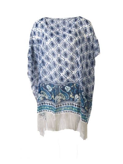 Tuniek met blauw-witte dessin en lange franjes
