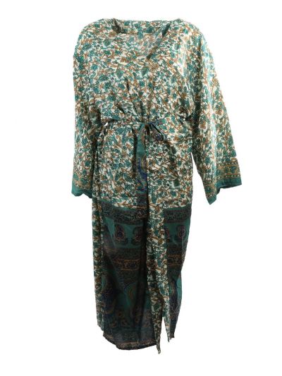 Lange zijde-blend kimono met bloemenprint in zeegroen