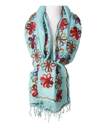 Linnen sjaal in turquoise met geborduurde bloemen