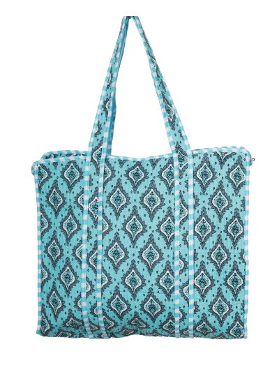 Gewatteerde schoudertas/shopper in turquoise met ornamentprint