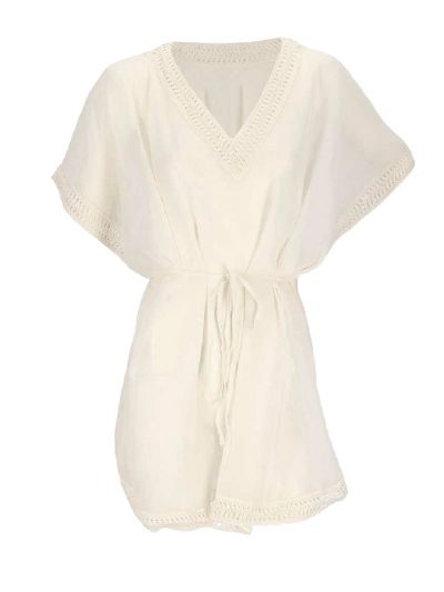 Korte voile kaftan in ecru met V-hals