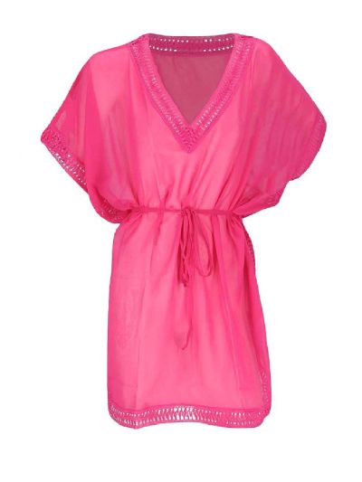 Korte voile kaftan in hardroze met V-hals