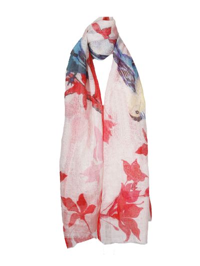 Witte linnen sjaal – bloemen & vogelprint