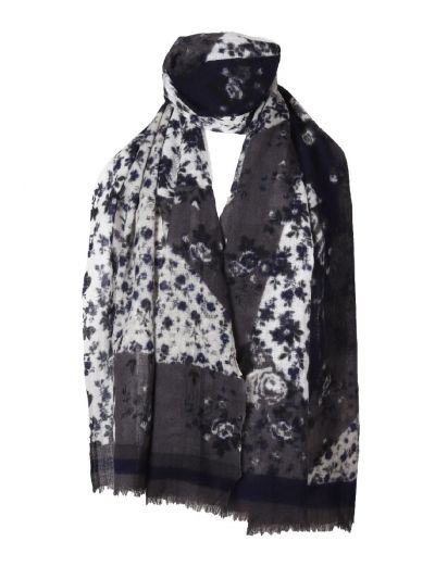 Wollen mousseline sjaal met floral print in blauw-grijs