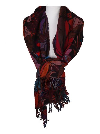 Wollen pashmina sjaal met bloemen in rood en paars