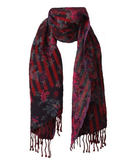 Wollen pashmina sjaal met bloemen- en strepenprint
