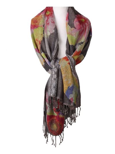 Wollen pashmina sjaal met bloemenprint