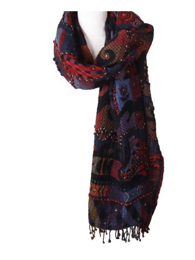 Wollen sjaal in donkerblauw en rood met kralenversiering