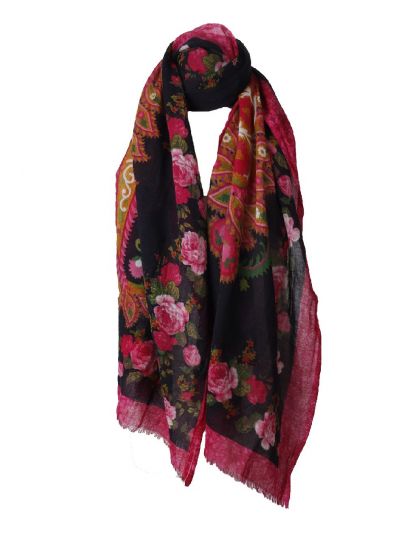 Wollen sjaal in zwart met rozenprint