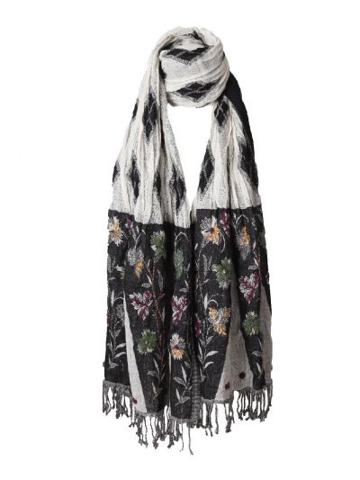 Wollen sjaal met mixed print en kralendetails