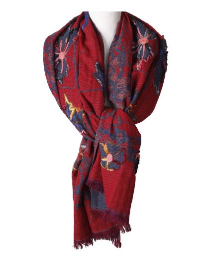 Wollen sjaal/omslagdoek in rood en jeansblauw
