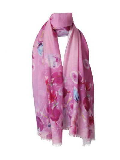 Wollen mousseline sjaal in roze met bloemen
