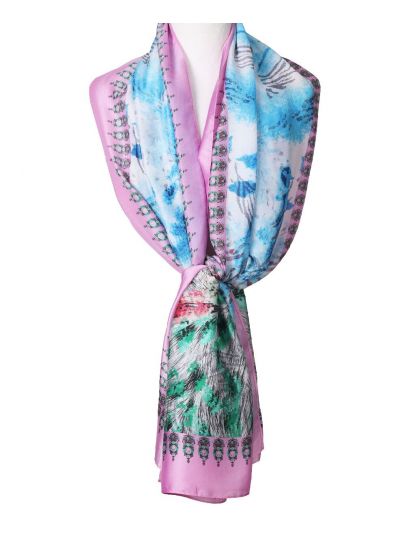 Zijde-blend sjaal in roze met mixed print