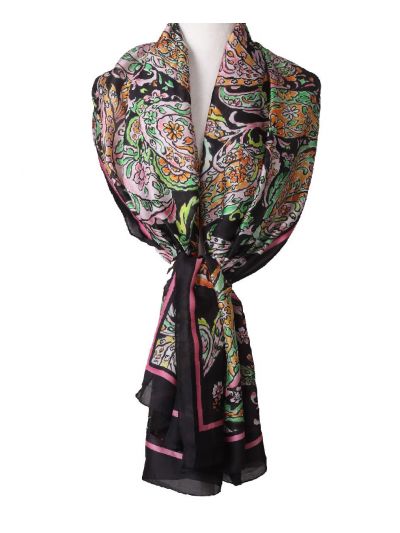 Zijde-blend sjaal in zwart met paisley print 